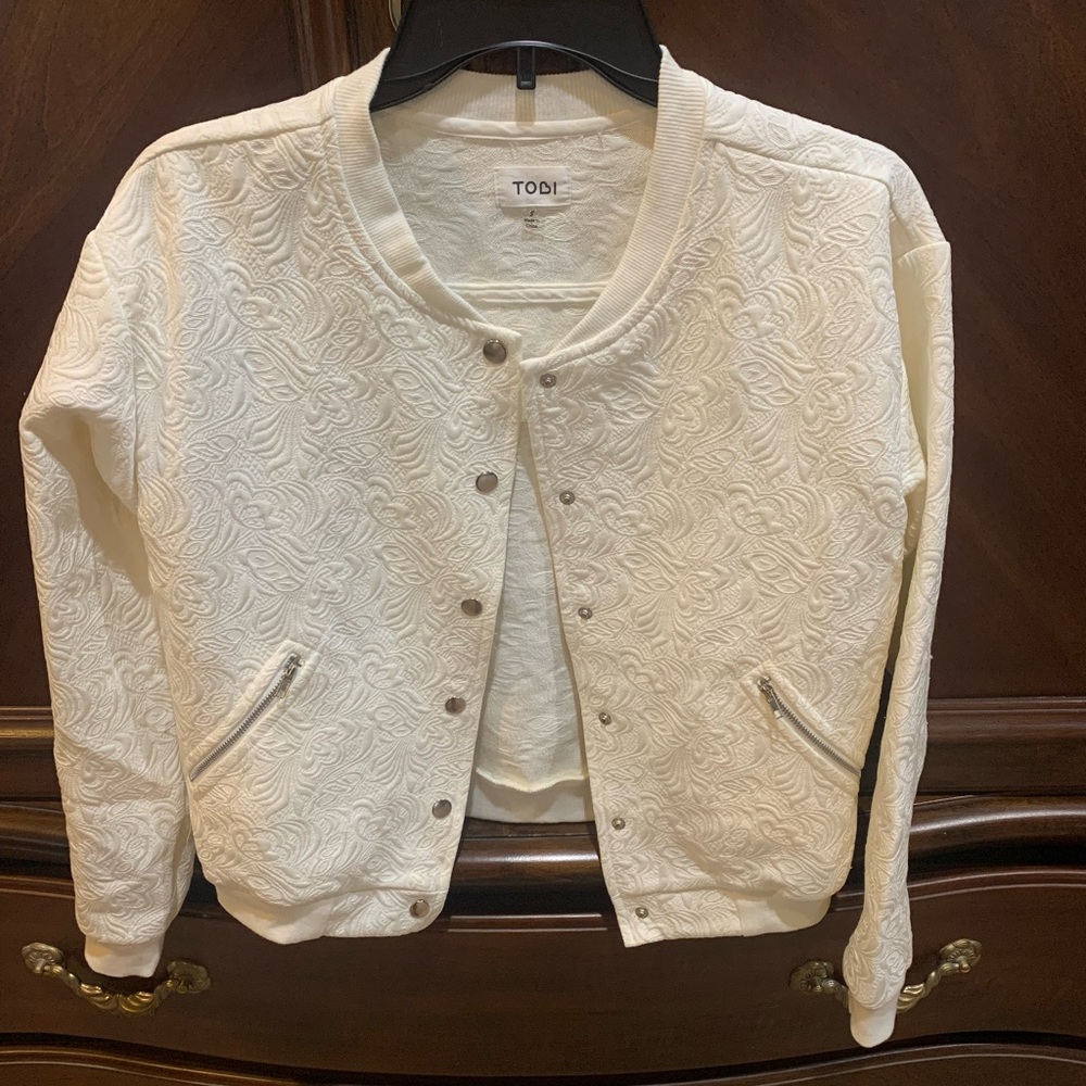 Tobi off white varsity style raised pattern jacket